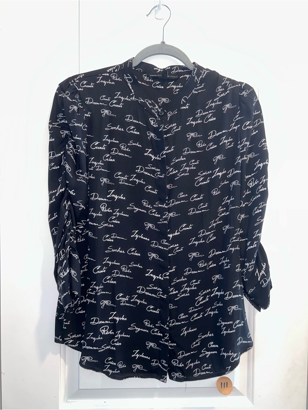White House Black Market Black Blouse with White Script